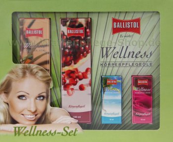 Wellness-Set von Ballistol mit allen vier Sorten der Wellness- und Massageöle in einer schönen Geschenkbox